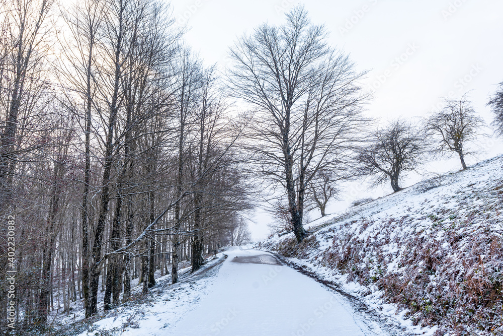 Path up to Mount Aizkorri in Gipuzkoa. Snowy landscape by winter snows. Basque Country, Spain Path up to Mount Aizkorri in Gipuzkoa. Snowy landscape by winter snows. Basque Country, Spain