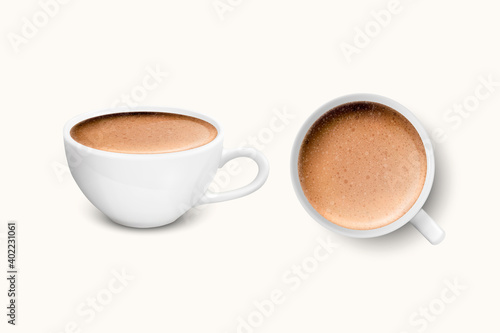 Vector 3d Realistic White Porcelain Ceramic Mug with Milk Coffee and Foam Set Isolated on White Background. Capuccino, Latte. Stock Vector Illustration. Design Template for Mockup. Front and Top View