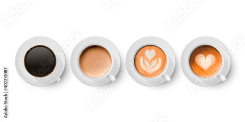 Vector 3d Realistic Ceramic Porclean White Coffee Mug, Cup, Saucer, Milk Coffee, Foam Set Isolated. Espresso, Capuccino, Latte. Flower, Heart Pattern. Vector Illustration. Design Template. Top View