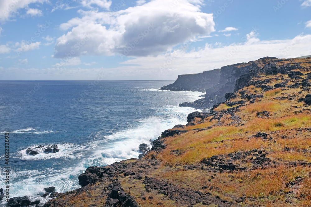 View of the coast of Easter Island, covered by red volcanic dust and green vegetation, against a blue sky with white clouds.