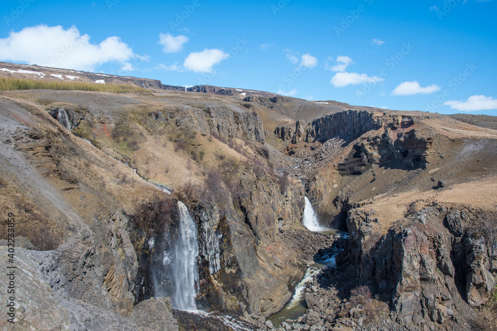 waterfalls in Hengifossa river in east Iceland waterfalls in Hengifossa river in east Iceland