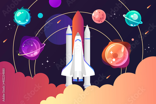 Space shuttle and solar system. Colorful planets, rocket, galaxy and universe. Space cartoon childrens poster. Vector modern illustration. Template for landing page, banner, poster.