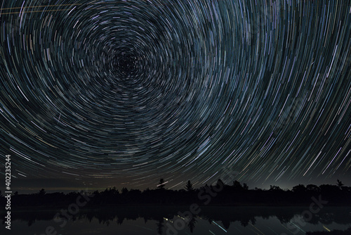 Starry night star trail over a lake and forest  Stars moving around Polaris