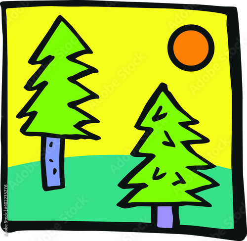 landscape with two trees original simple hand drawing converted to vector and colored 