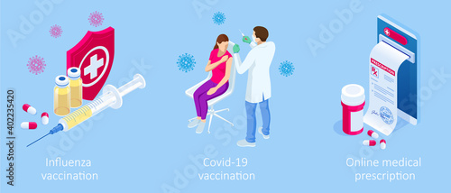 Isometric Vaccination and Immunization, Time to vaccinate, Online medical advise, medical prescription concept. Medicine industry.