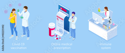 Isometric Vaccination and Immunization, Time to vaccinate, Online medical advise, medical prescription concept. Medicine industry.