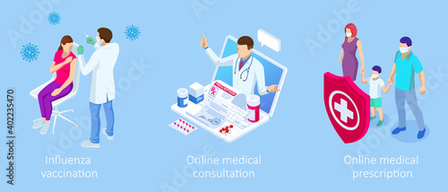 Isometric Vaccination and Immunization, Time to vaccinate, Online medical advise, medical prescription concept. Medicine industry.