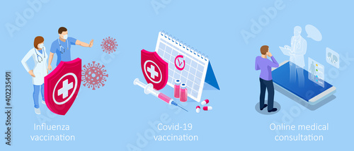 Isometric Vaccination and Immunization, Time to vaccinate, Online medical advise, medical prescription concept. Medicine industry.