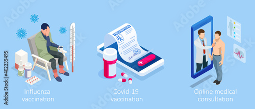 Isometric Vaccination and Immunization, Time to vaccinate, Online medical advise, medical prescription concept. Medicine industry.