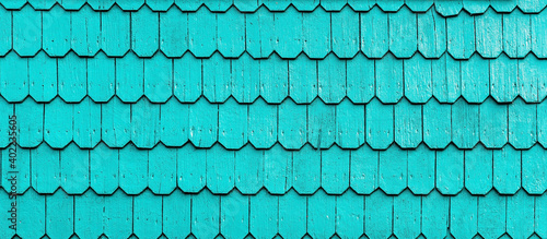 Turquoise wood panelling panorama, Puerto Varas, Chile. photo