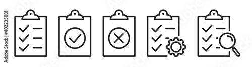 Checklist on the clipboard line icon set with compliance tick check sign on it. Clip board outline vector icon with paper test document or todo plan with tasks. Checkbox form and survey checklist SET1