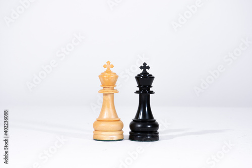 chess pieces. white king and black king with white background.