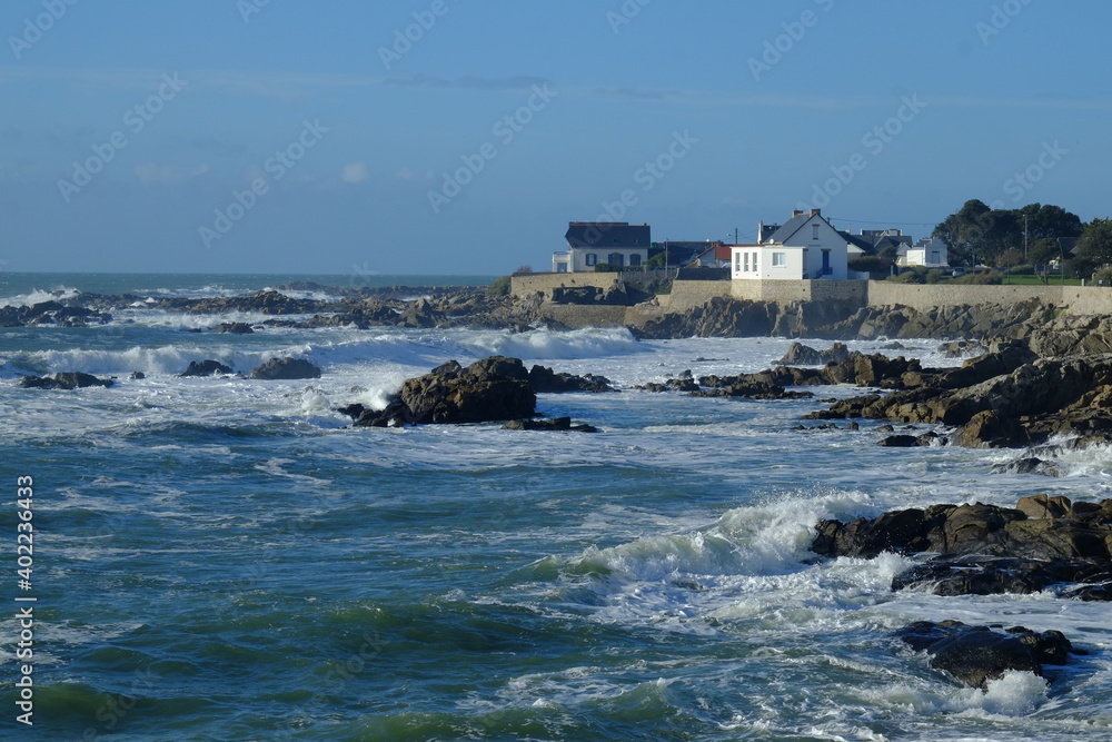 The granit coast during a sunny and stormy day. in the west of France on the Atlantic ocean, december 2020.