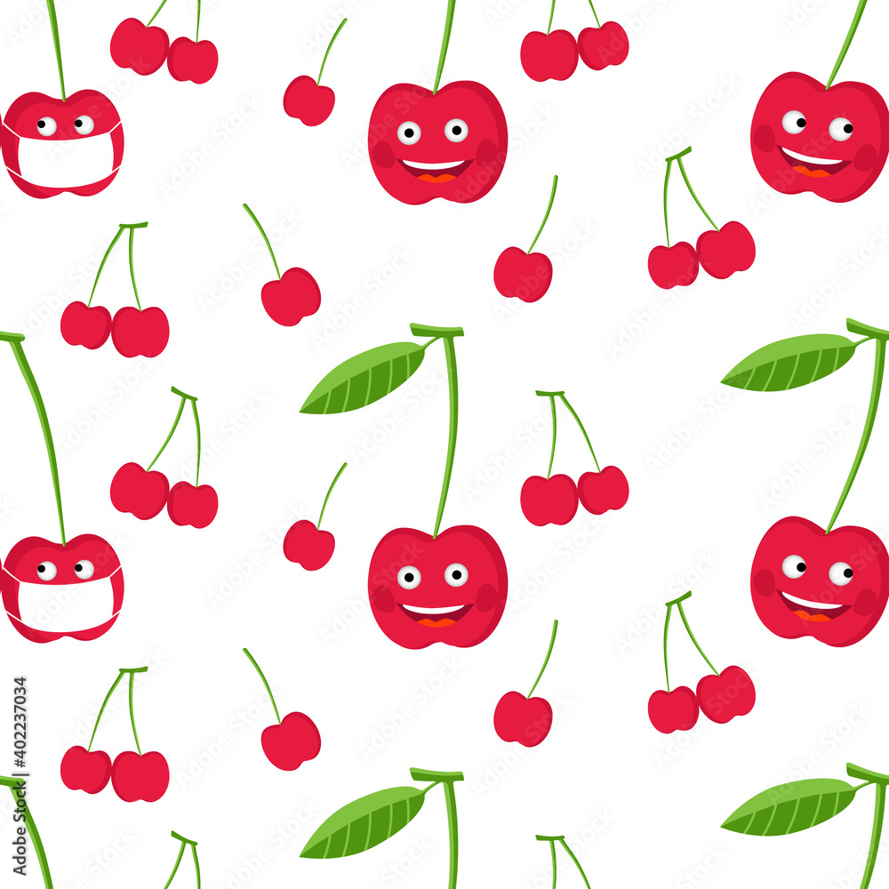 Vector seamless pattern on a transparent background consisting of characters of cherries in protective masks and with smiles.
Vector seamless pattern on a transparent background consisting of characters of cherries in protective masks and with smiles.