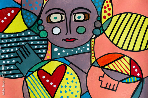 Tela a woman painted in cubism art with many colors and fat