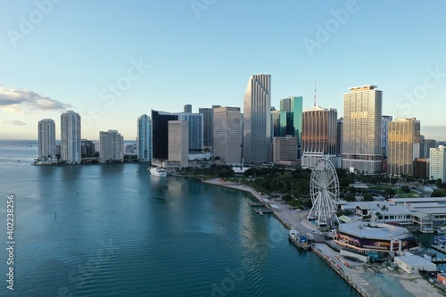 Miami  Florida - December 27  2020 - Aerial view of City of Miami and Bayfront Park on sunny autumn morning.