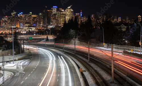 Wallpaper Mural A downtown long exposure at night with traffic lights on Bow Trail Calgary Alberta Canada. Torontodigital.ca