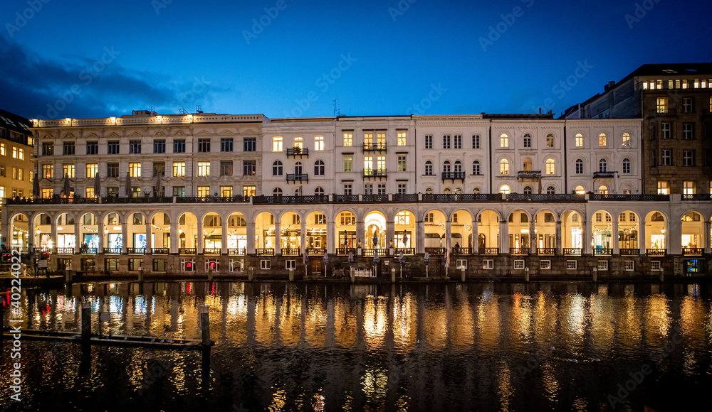 Alster Arcades in the city center of Hamburg at night - travel photography