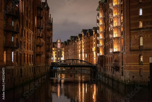 Famous Warehouse district in Hamburg Germany called Speicherstadt by night - travel photography © 4kclips