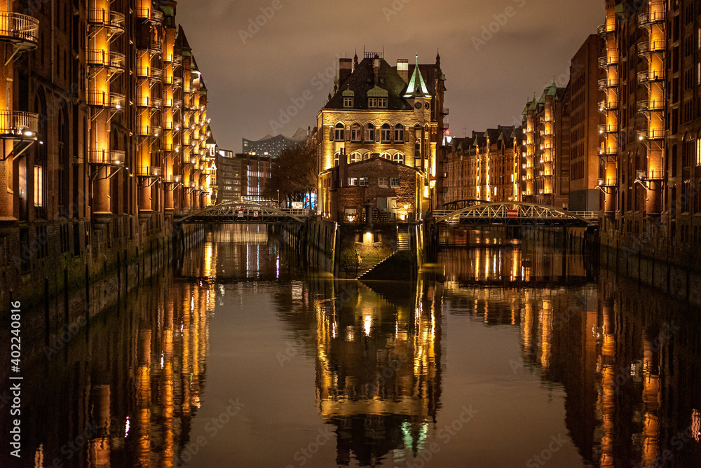 Famous Warehouse district in Hamburg Germany called Speicherstadt by night - travel photography