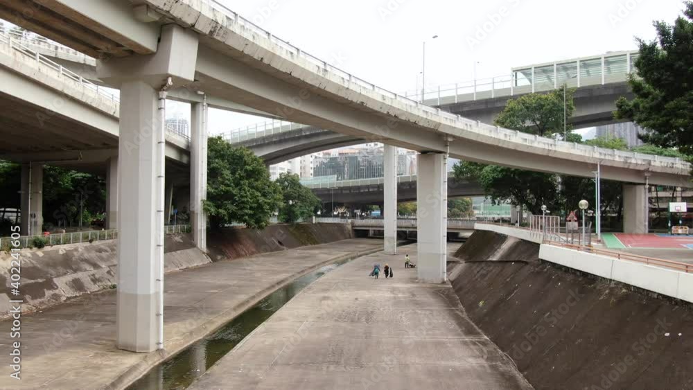 Urban draining Canal in downtown Hong Kong, Aerial view. Urban draining Canal in downtown Hong Kong, Aerial view.