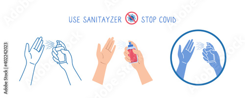 Symbol hands holds antibacterial, antiviral spray set, cartoon line and glyph style. Icon stop Coronavirus. Flat washing hands, antibacterial use sanitary antiseptic. Vector illustration