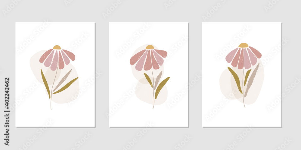 Daisy wildflower flat vector illustration set. Marguerite silhouette isolated white background. Scandinavian style. Chamomile contemporary botanical print, modern design element, home decor poster