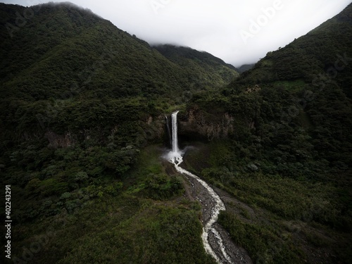 Manto de la novia Bridal Veil waterfall at Pastaza river on cascades route near Banos de agua santa Tungurahua Ecuador photo