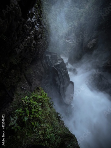 Viewing platform observation deck stairs at Pailon del diablo Devils Cauldron Pastaza cascades Banos Tungurahua Ecuador photo