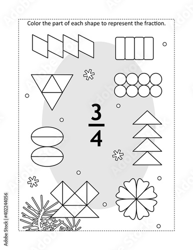 Math educational coloring page with a fraction and various shapes: Color the part of each shape to represent the fraction. Three-fourths. Winter theme.

