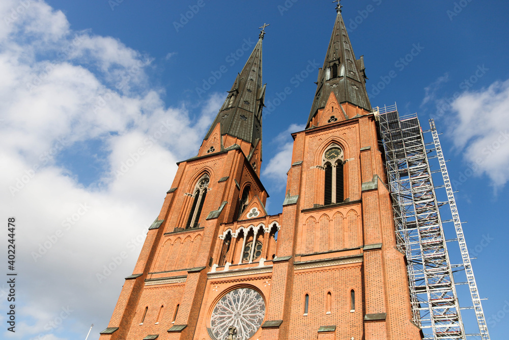 Uppsala cathedral in Sweden with a blue sky background