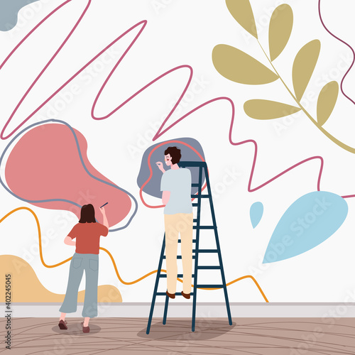 people women men painting scribble wall graffiti use ladder with flat style
