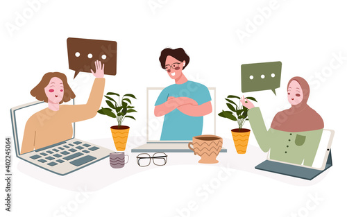people men women talk speak chat in laptop screen display discussion meeting online with flat style