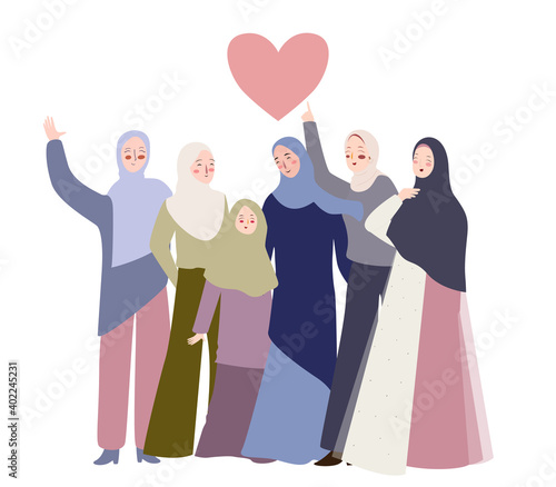 muslim women girl female set collection wearing hijab standing under heart love with flat style