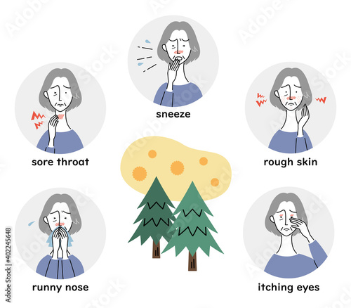 花粉症による様々な症状　イラストセット（シニア女性）