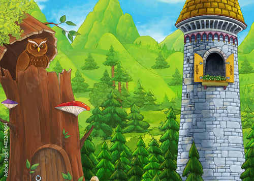 Cartoon happy scene of castle near the forest with owl bird illustration