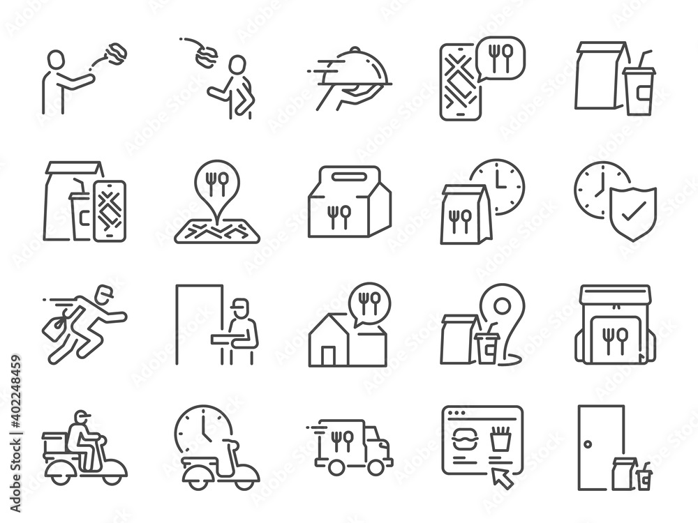 Food delivery line icon set. Included the icons as Courier, Food Box, Mobile app, Messenger, and more.
