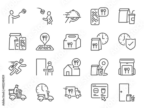 Food delivery line icon set. Included the icons as Courier, Food Box, Mobile app, Messenger, and more.
