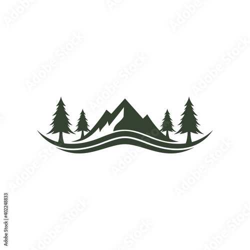 Evergreen mountain pine, hill landscape logo template with simple flat logo style in green color