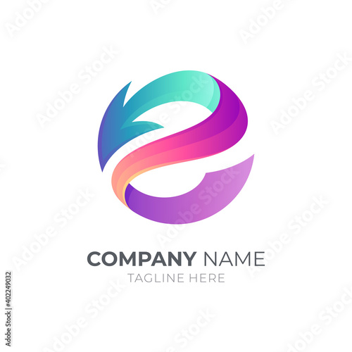 Initial letter e logo with arrow. Modern letter e business logo template with 3d gradient colorful style