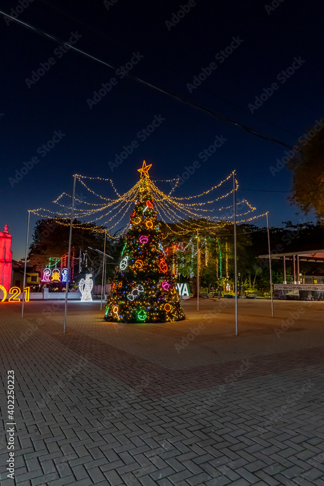 Beautiful view of the San Blas Church in Nicoya Guanacaste with Christmas  decorations in Costa Rica 