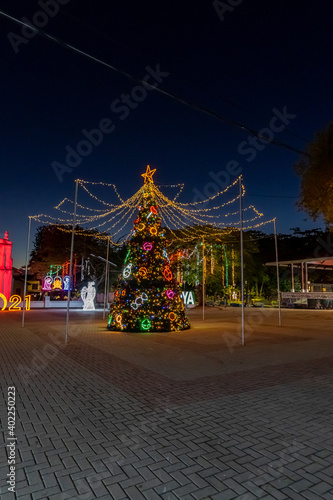 Beautiful view of the San Blas Church in Nicoya Guanacaste with Christmas decorations in Costa Rica 