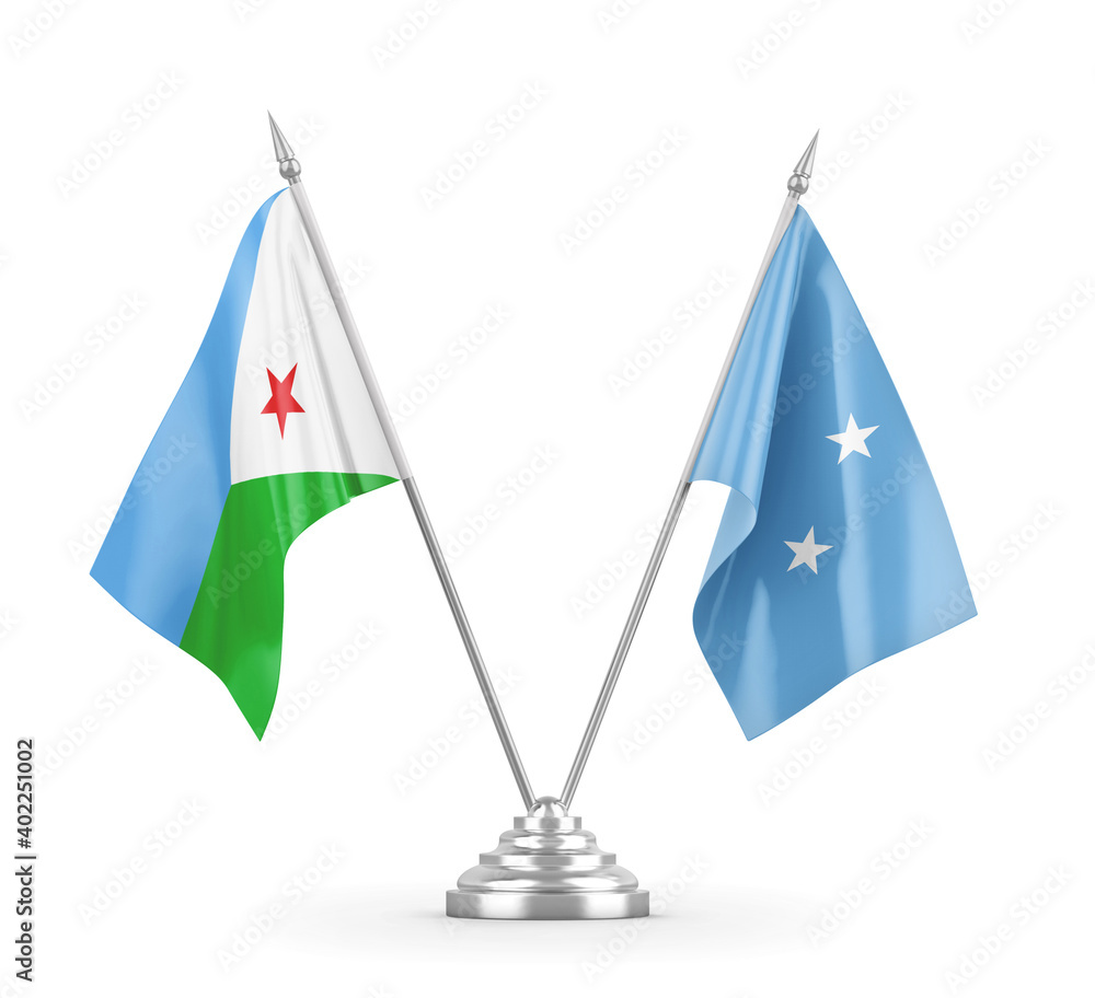 Micronesia and Djibouti table flags isolated on white 3D rendering Micronesia and Djibouti table flags isolated on white 3D rendering