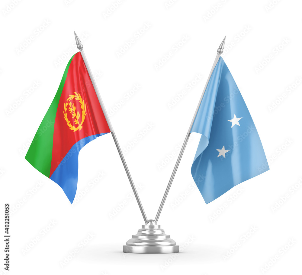 Micronesia and Eritrea table flags isolated on white 3D rendering Micronesia and Eritrea table flags isolated on white 3D rendering