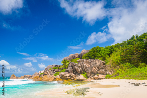 Grand Anse beach on far side of La Digue island, Seychelles