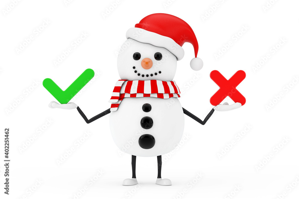 Snowman in Santa Claus Hat Character Mascot with Red Cross and Green Check Mark, Confirm or Deny, Yes or No Icon Sign. 3d Rendering Snowman in Santa Claus Hat Character Mascot with Red Cross and Green Check Mark, Confirm or Deny, Yes or No Icon Sign. 3d Rendering