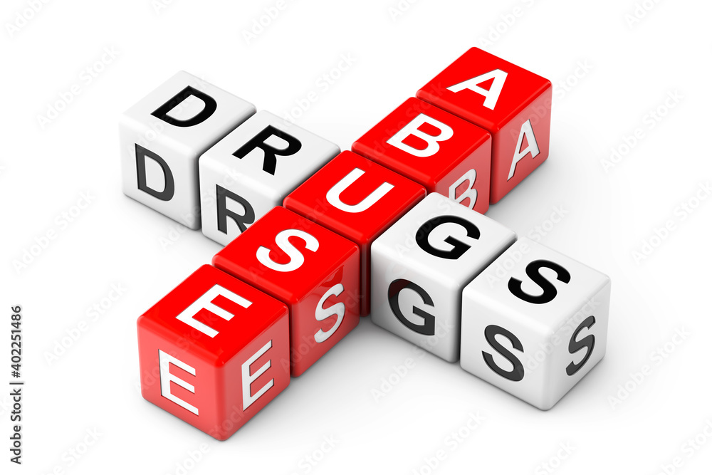 Abuse Drugs Sign as Crossword Cube Blocks. 3d Rendering Abuse Drugs Sign as Crossword Cube Blocks. 3d Rendering