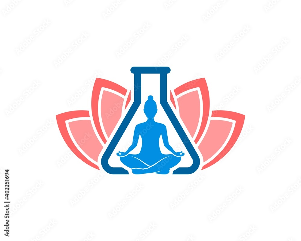 Bottle laboratory with women yoga and lotus flower Bottle laboratory with women yoga and lotus flower