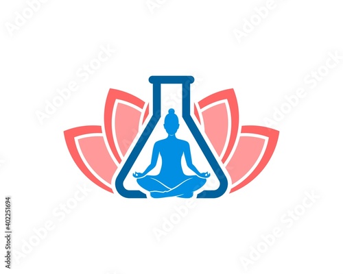 Bottle laboratory with women yoga and lotus flower