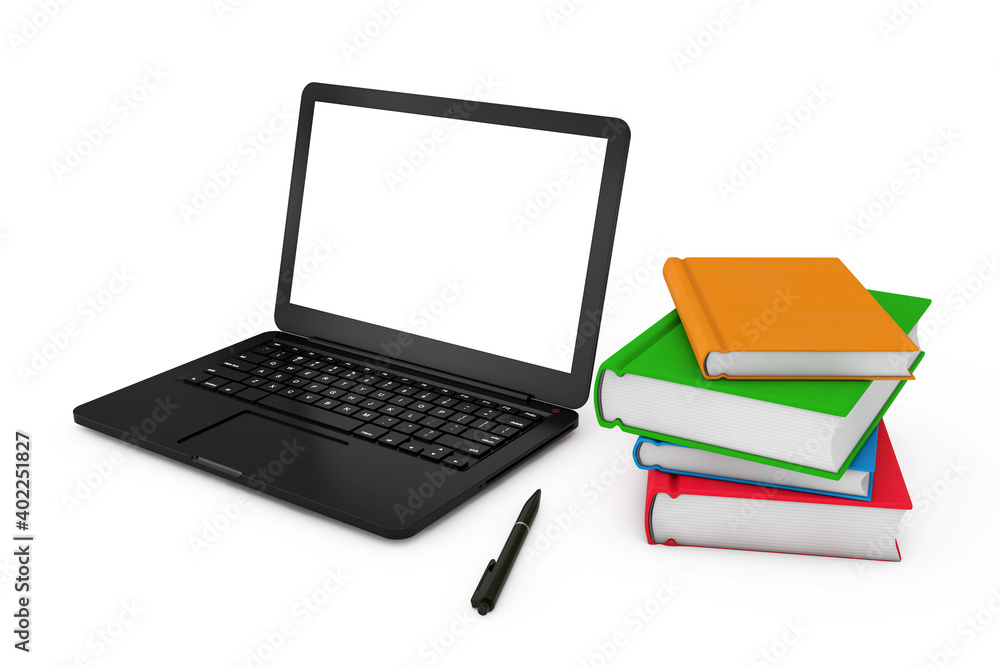 Pen and Stack of Books near Modern Laptop Computer with Blank Screen for Your Design. 3d Rendering Pen and Stack of Books near Modern Laptop Computer with Blank Screen for Your Design. 3d Rendering